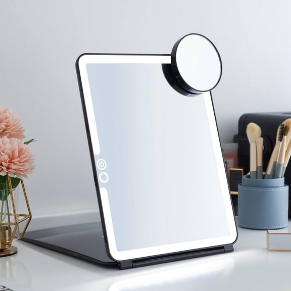 LED Foldable Travel Makeup Mirror - 7x9 inches 3 Colors Light Modes USB Rechargeable Touch Screen, Portable Tabletop Cosmetic Mirror for Travel, Cosmetic, Office (Black)