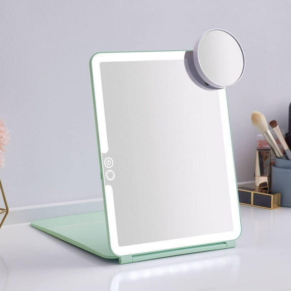 LED Foldable Travel Makeup Mirror - 7x9 inches 3 Colors Light Modes USB Rechargeable Touch Screen, Portable Tabletop Cosmetic Mirror for Travel, Cosmetic, Office (Green)