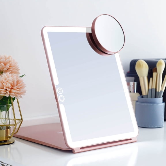 LED Foldable Travel Makeup Mirror - 7x9 inches 3 Colors Light Modes USB Rechargeable Touch Screen, Portable Tabletop Cosmetic Mirror for Travel, Cosmetic, Office (Rose Gold)