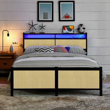 LED Full Bed Frame with Rattan Storage Headboard and Footboard, UHOMEPRO Metal Platform Bed with Power Charging Station & USB Ports, LED Lights, Strong Support, Easy Assembly, Noise Free, Black