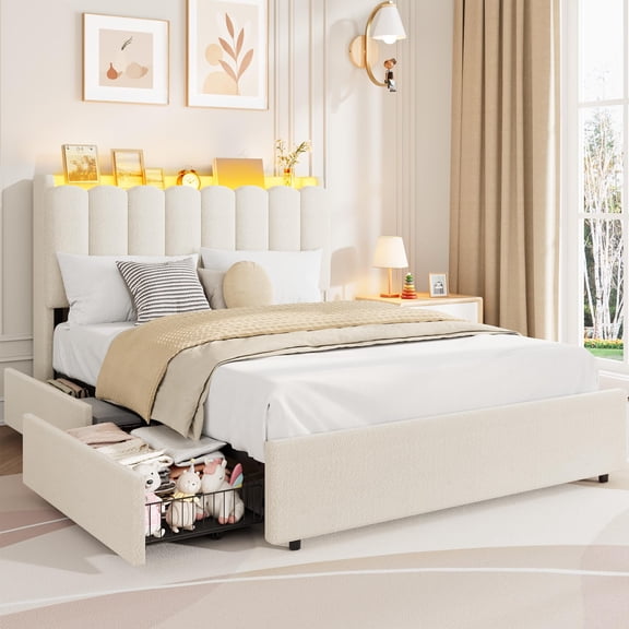 LED Full Bed Frame with Storage Headboard, 2 Drawers, Boucle Upholstered Platform Bed for Girls, Chic Wavy Headboard, No Box Spring Needed, White