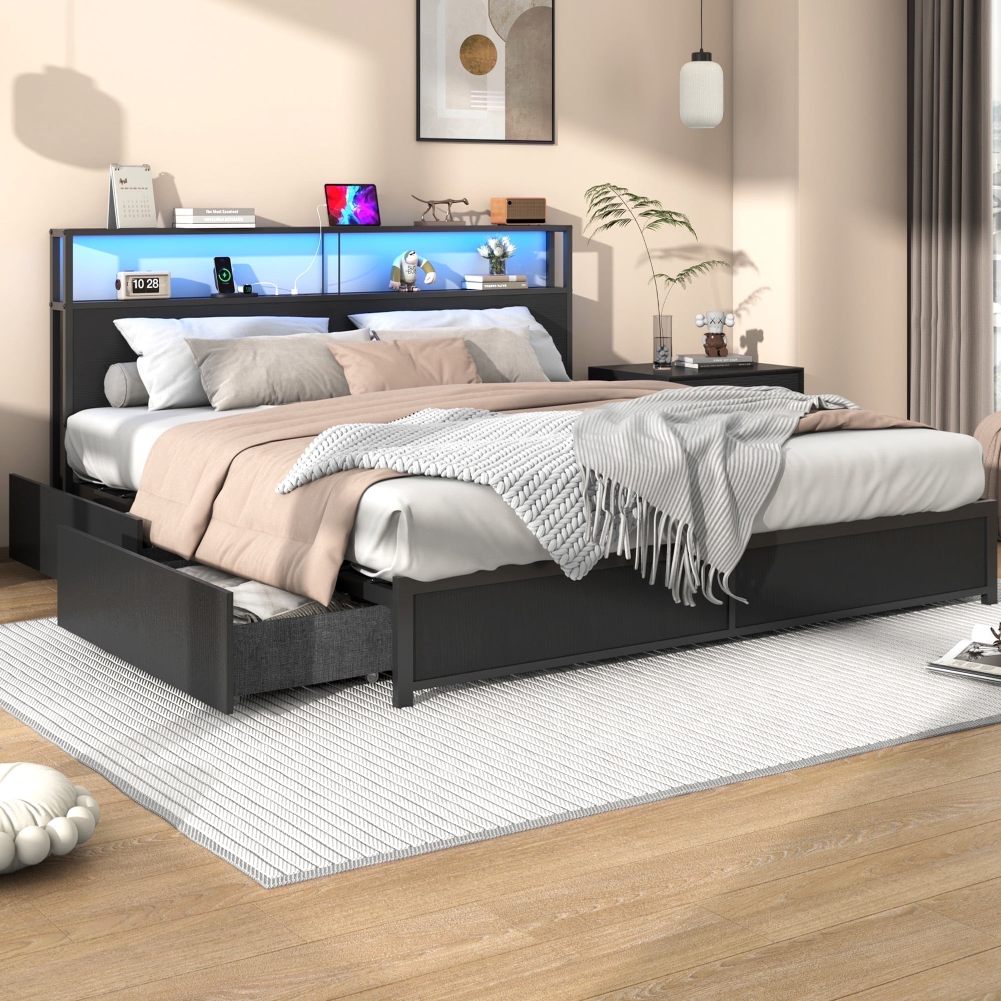 LED Full Bed Frame with Storage Headboard & 4 Drawers, Industrial Metal Platform Bed with Power ｃｈａｒ(图1)