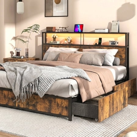 LED Full Bed Frame with Storage Headboard & 4 Drawers, Industrial Metal Platform Bed with Power Charging Station & USB Ports
