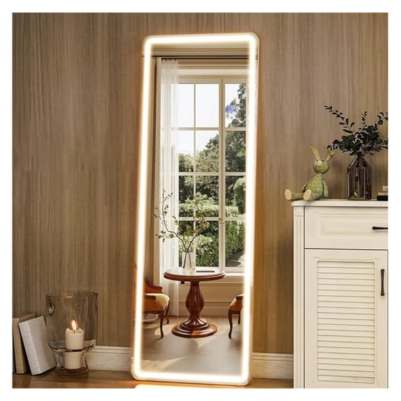 LED Full Length Mirror 60"x16" Floor Mirror with Stand, Wall Mounted Hanging Free Standing Full Body Mirror with Lights for Bedroom Living Room, White
