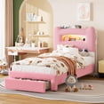 thumbnail image 1 of Memoryfield LED Full Platform Bed with 2-Tier Storage Headboard, Upholstered Frame, Built-in Charging Station, Pink, 1 of 8