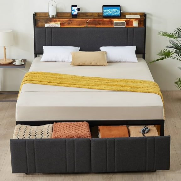 LED Full Size Bed Frame with Storage Headboard & 2 Drawers,Heavy Duty Metal Bed base Upholstered Platform Bedroom Furniture Charging Station Black,Z-hom