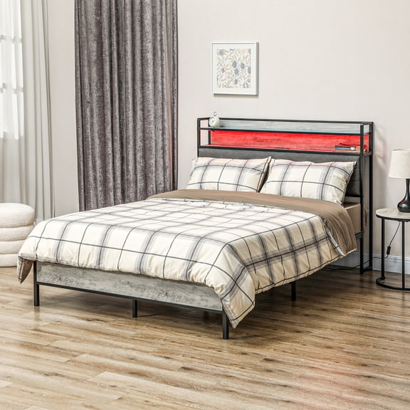 LED Full Size Bed Frame with Headboard Charging Station, Cement Gray