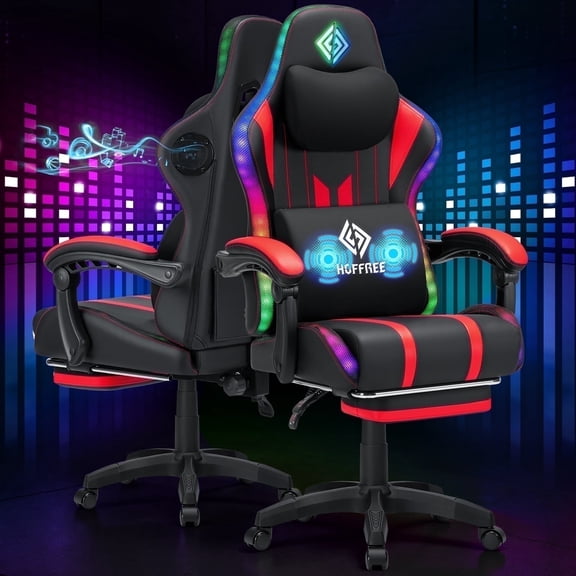 HOFFREE Massage Gaming Chair with Speakers, Leather Game Chair with Bluetooth and Music Rhythm RGB Lights, Big and Tall Gamer Chair with Footrest for Adults, Ergonomic Video Game Chair with Headrest