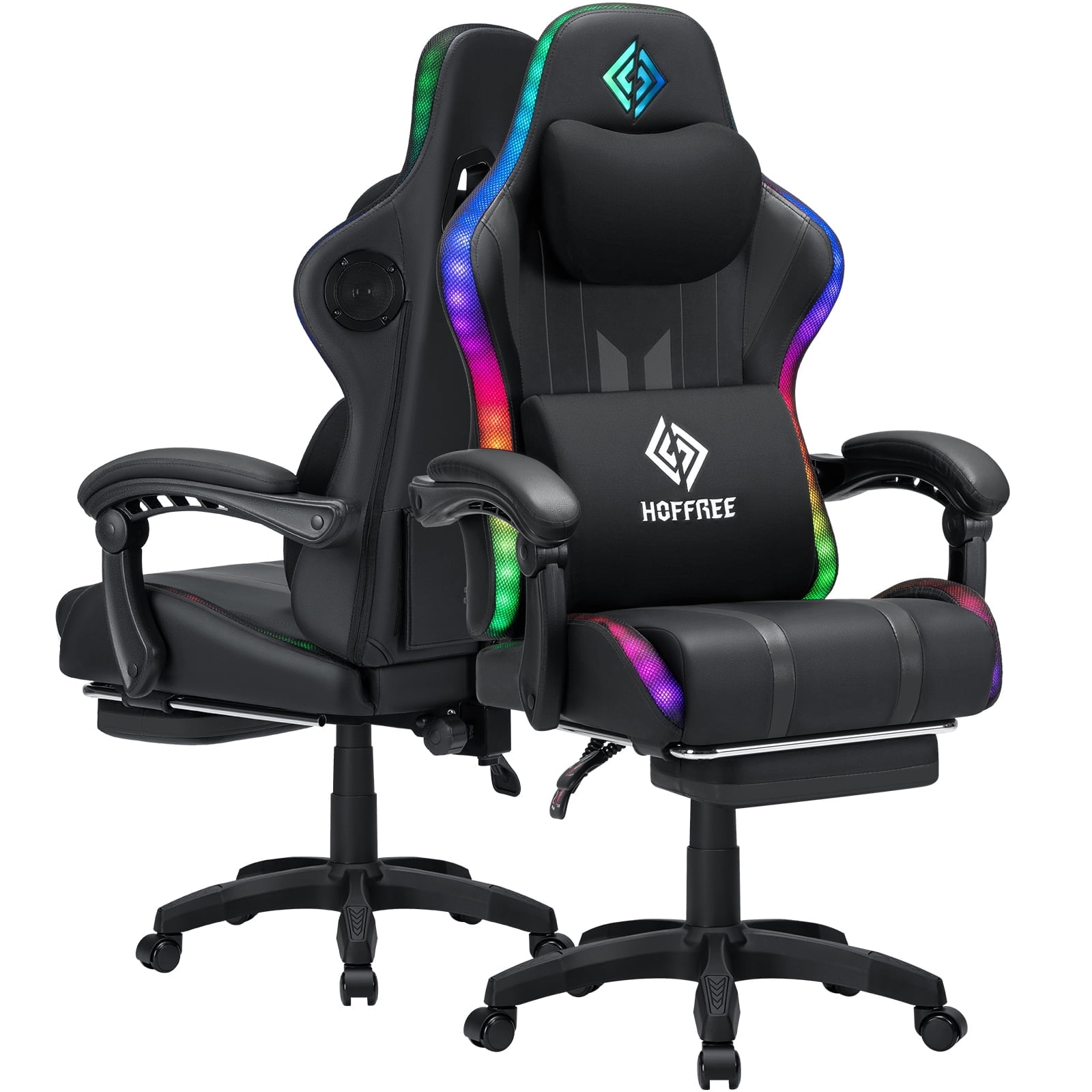 HOFFREE Massage Gaming Chair with Speakers, Leather Game Chair with Bluetooth and Music Rhythm RGB Lights, Big and Tall Gamer Chair with Footrest for Adults, Ergonomic Video Game Chair with Headrest