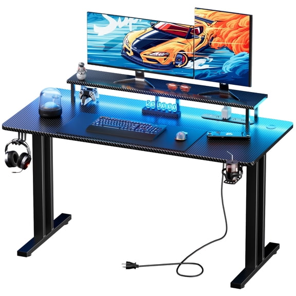 LED Gaming Desk with 5 Sockets & LED Lights, Computer Gamer Desk with Monitor Stand, Ergonomic Carbon Fiber Gaming Table Home Office Desk with Cup Holder, Headphone Hook & mouse Pad