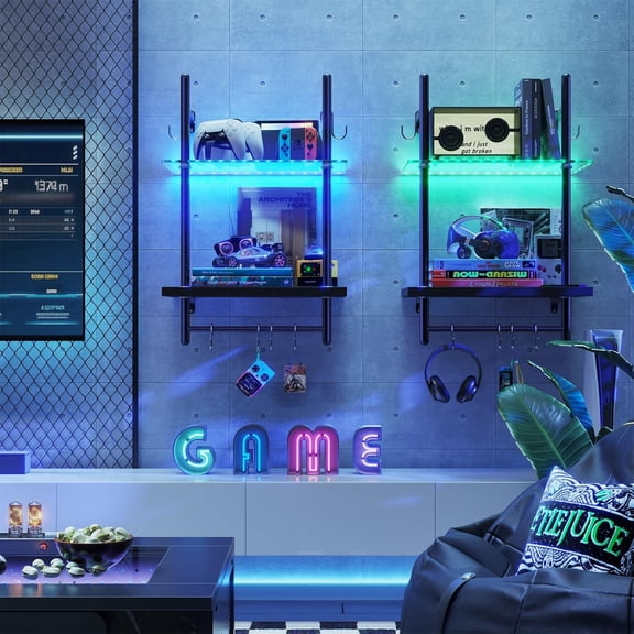 LED Gaming Floating Shelves for Wall, 15 Inch Wall Mounted Shelf Pipe Glass Shelves, 2 Tier Hanging Display Rack with 6 S-Hooks Towel Bar, Gaming Room Decor Shelf, Carbon Fiber Black