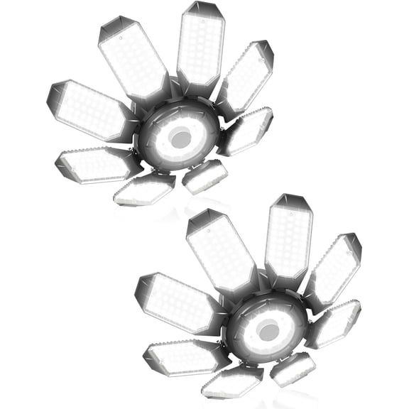 LED Garage Ceiling Lights 2 Pack w/ 8+1 Adjustable Panel, Super Bright 28000LM Deformable Basement Light Bulb Fixture Screw in E26 Socket Base for Indoor Workshop Attic Gym Bay Laundry Utility