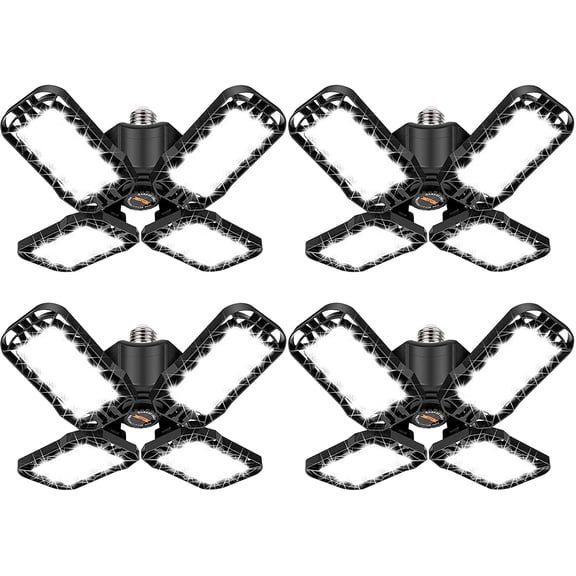 LED Garage Light 4 Pack, 120W Ultra Bright LED Shop Light with 4 Adjustable Panels, 12000LM E26/E27 Base Deformable Ceiling Fixtures for Garage, Workshop, Attic, Basement, Barn (Black-4 Pack)