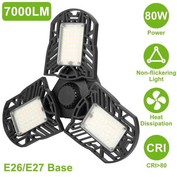 LED Garage Light, E26/E27 80W 7000LM 6500K Garage Ceiling Light Deformable Workshop Lamp LED Ceiling Light Bulbs