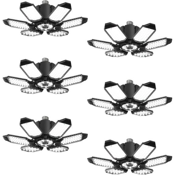 LED Garage Light w/ 6 Deformable Panels Basement Lighting, 6 Pack, Screw into E26 E27 Bulb Socket, Super Bright 6000 High Lumen, 6500K, Shop, Shed, Gym, Attic, Utility, Bay