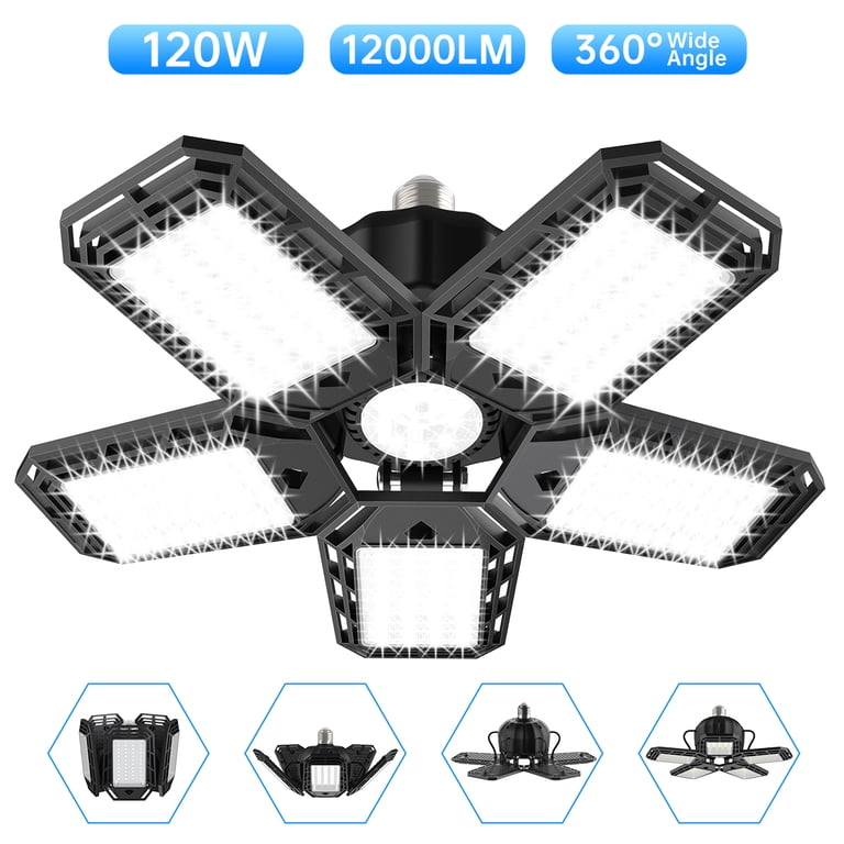 4 Pack LED Garage Lights - 120W 12000LM Deformable Panels, 6500K Daylight For Workshop & Warehouse