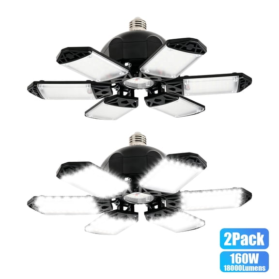 18000LM 6500K LED Ceiling Light, Garage Lights Ceiling LED with 6+1 Adjustable Panels, LED Shop Lights for Workshop & Garage, E26/E27 Socket, 160W 2 Pack