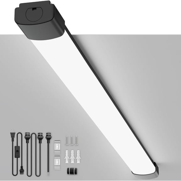 LED Garage Lights 4FT Linkable Plug in Ceiling Light Fixture, 5000K Workbench Tube Light with Switch, 36W Overhead Light Bar for Room Shop Cabinet Closet Kitchen, IP65 Waterproof, Black