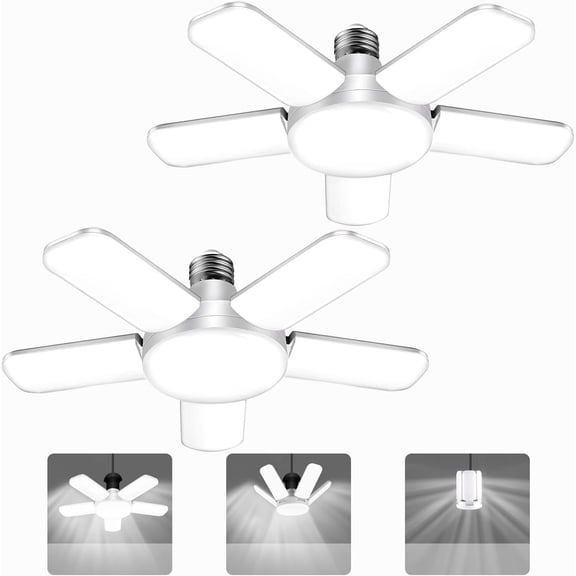 LED Garage Lights, 80W LED Garage Ceiling Lights with 5 Deformable Panels, 8000LM LED Shop Lights for Garage E26/E27 LED Light Bulbs for Garage, Workshop, Warehouse (2 Packs)