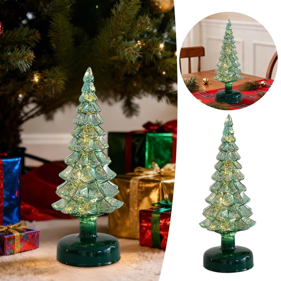LED Glass Christmas Tree with Lights, Battery Operated Tabletop Decor, Frosted Glass Holiday Centerpiece for Mantel, Window, Fireplace, and Indoor Home Christmas Decorations