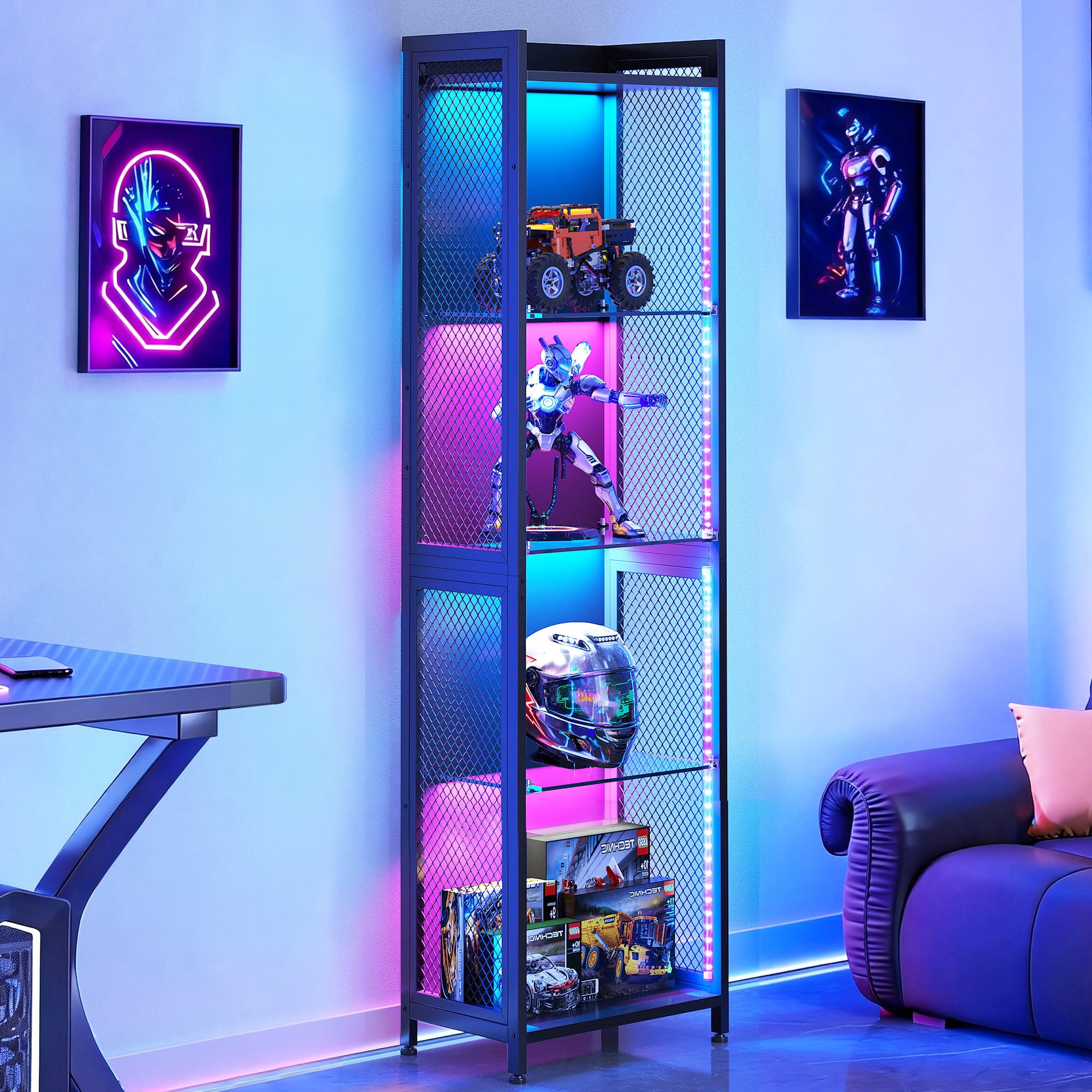 Casacomoda 4-Tier LED Display Cabinet, Gaming Glass Shelf Curio Cabinet with RGB Lights, Open Glass Corner Storage Shelf for Collectibles, Figures, Gaming Room & Living Room, Black