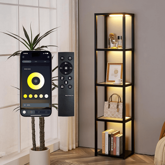 LED Glass Display Cabinet Dimmable Lighted Furniture for Bedroom, Living Room, or Office Glass Curio Cabinet Shelf Lamp with App + Remote Control + Adjustable Lighting Fantasy Lite