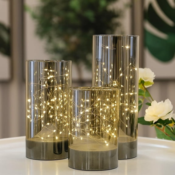 LED Glass Flameless Candles with Fairy String Lights, Real Wax Flame Effect, Battery Operated Pillar Lights for Wedding, Home & Party Decoration (Set of 3, Grey)