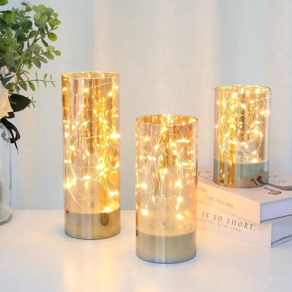 LED Glass Flameless Candles with Fairy String Lights, Real Wax Flame Effect, Battery Operated Pillar Lights for Wedding, Home & Party Decoration (Set of 3, Grey)