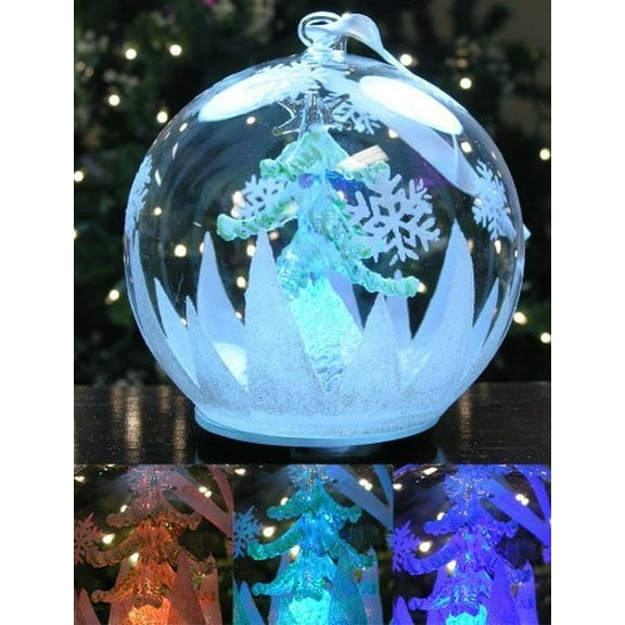 LED Glass Globe Christmas Ornament Hand Painted Glitter Snowflakes and Tree Color Changing Lights
