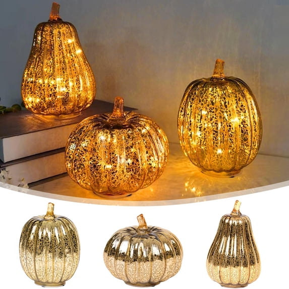 LED Glass Pumpkin Decoration – Warm Glowing Tabletop Ornament for Fall Halloween Home Decor, A