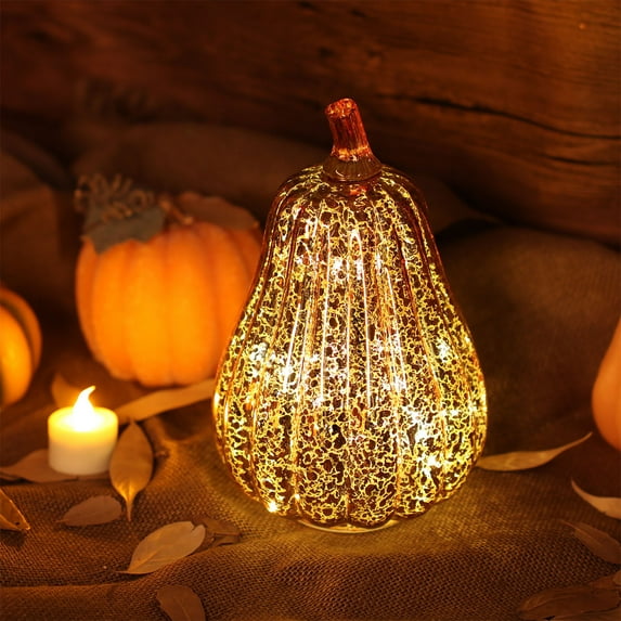 LED Glass Pumpkin Light Battery Operated - Fall Halloween Decor with Warm Lights Inside, Art Glass Lantern for Thanksgiving Christmas Tabletop Porch Mantel Indoor Outdoor Centerpiece Decorations