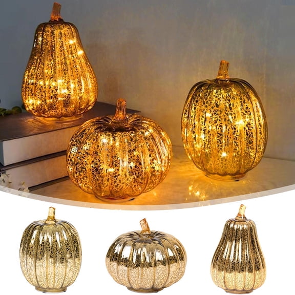 LED Glass Pumpkin Light Fall Home Decor, Illuminated Autumn Table Centerpiece for Thanksgiving Decorations, Rustic Seasonal Indoor Halloween Yard Ornaments, 1Pack A