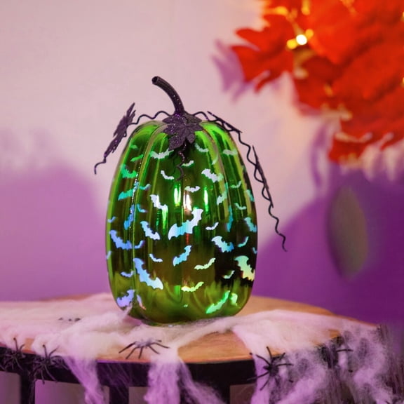 LED Glass Pumpkin ,Lime Green, Bats