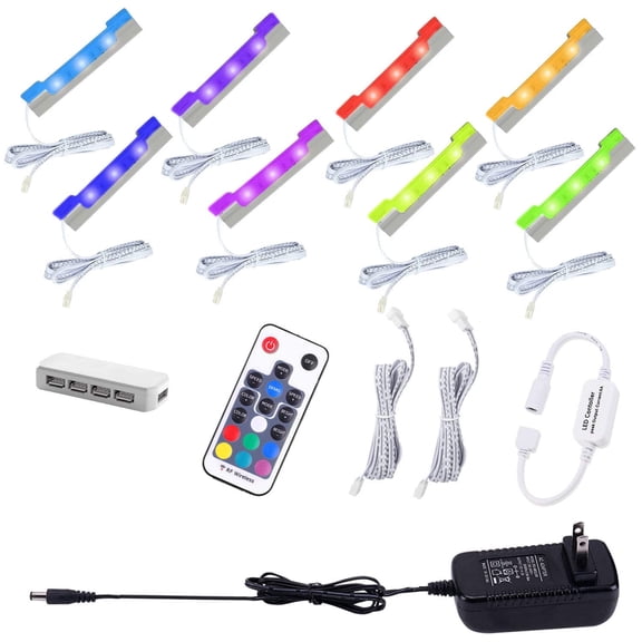 LED Glass Shelf Lighting Kit with RF Remote, Flexible Cable and Clip for Back Side Edge Lighting (8 RGB Lights)