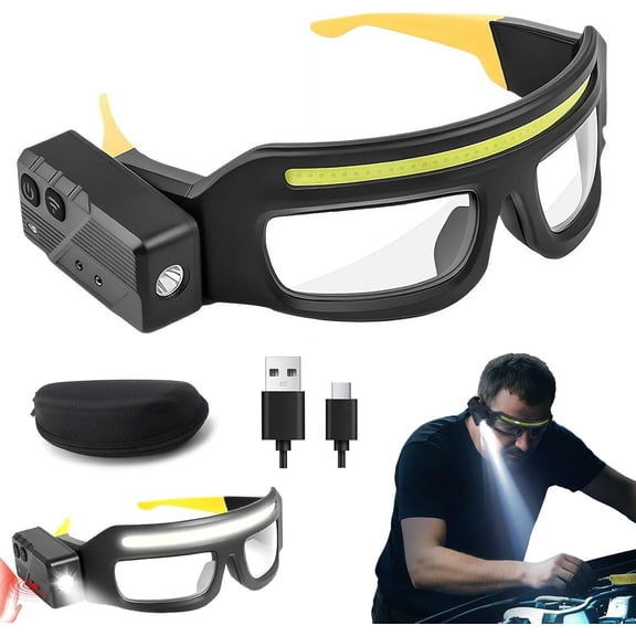 LED Glasses Rechargeable Headlight Glasses with Motion Sensor & Touch Control, 500LM COB Light Up Safety Eyewear, 5 Modes, USB C Hands-Free Headlamp for Mechanic, Camping, Fishing, Night Work