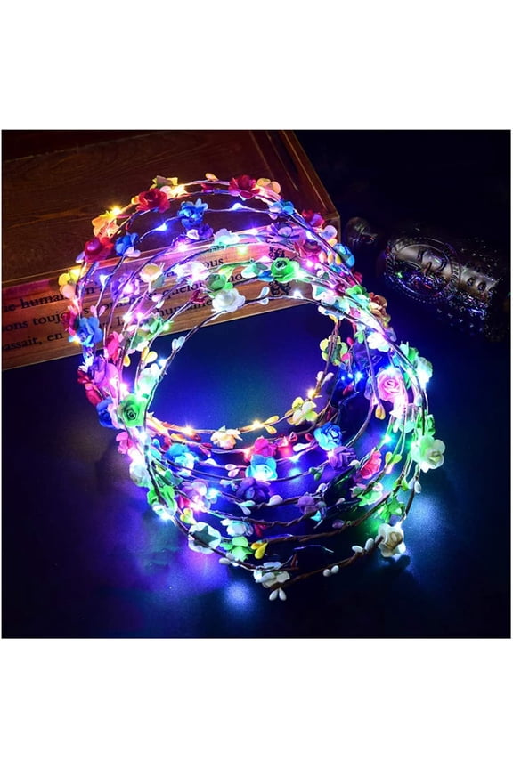 LED Glitter Flower Headbands - Party Favor Mixed Colors Light Up Headbands, Hair Wreath Glitter Garland, Halloween Christmas Wedding Neon Party Light Up Garland for Women Kids Girls