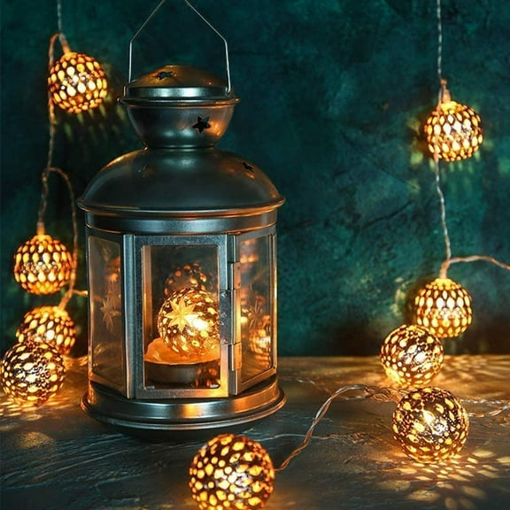 LED Globe String Lights, Decorative Moroccan Orb, 20 Big Golden Metal Balls String Lights, Battery Operated, Timing, Warm White