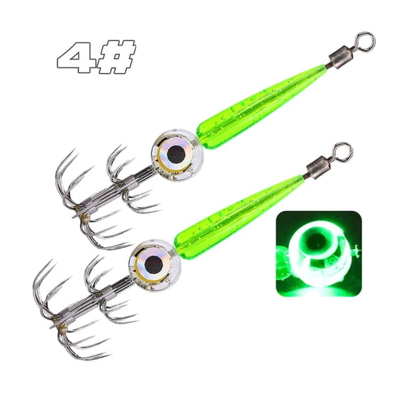 LED Glow Squid Jig Hooks For Night Fishing, 2 Pack, ABS Material With Reflective Beads,for Cuttlefish And for OCTOPUS, 9.5cm(4# Green)