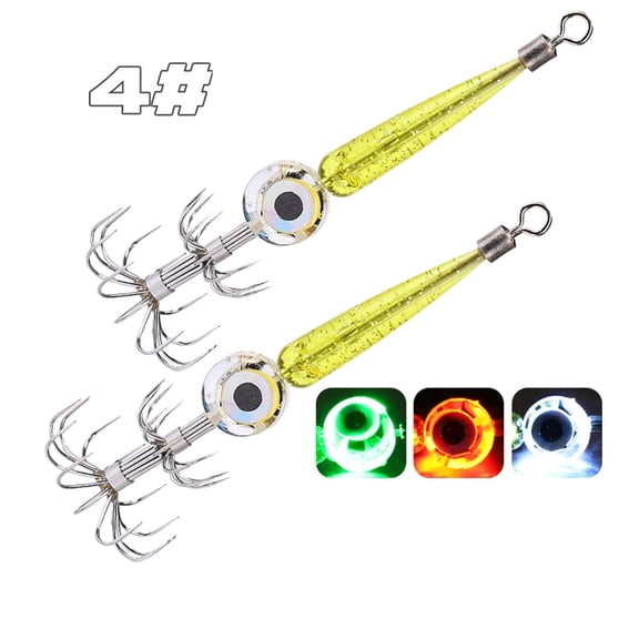 LED Glow Squid Jig Hooks For Night Fishing, 2 Pack, ABS Material With Reflective Beads,for Cuttlefish And for OCTOPUS, 9.5cm(4# Yellow)