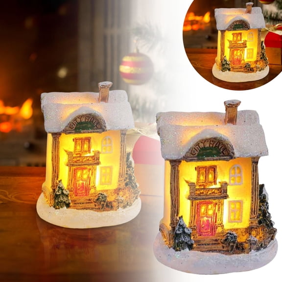 LED Glowing Christmas Cottage,Christmas Decorations Resin Snow Village Desktop Ornament with Warm White Light, Night Light for Holiday Decor, Shelf Table Display, and Festive Home Centerpiece