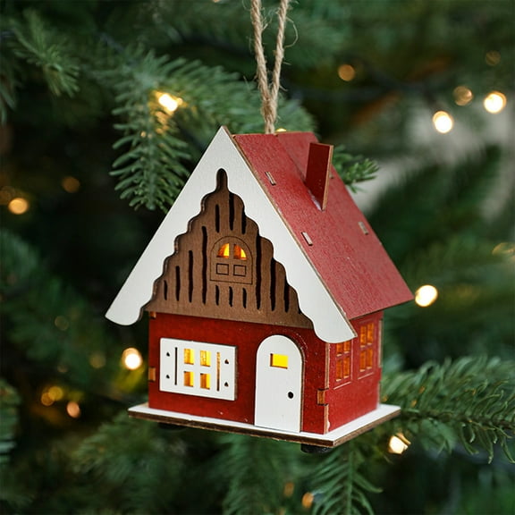 LED Glowing Wooden Christmas House Ornament - Rustic Cabin Holiday Decor for Tree, Mantel, Table (Warm White Lights, 4in, Battery Operated)