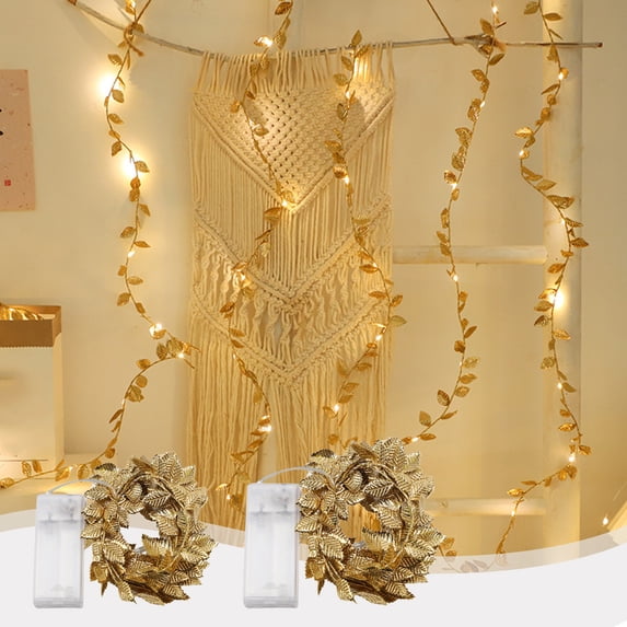 LED Golden Leaf String Lights 10ft/6.5ft Rattan Vine • Warm White Flashing Fairy Lights • Battery Powered 2 AA • Indoor Outdoor Home Holiday Decor