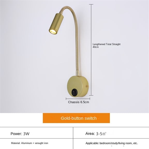LED Gooseneck Wall Lamp, Adjustable Reading Light with On/Off Switch, Aluminum Body, AC Powered Bedside Wall Sconce for Bedroom Study, 120V Compatible