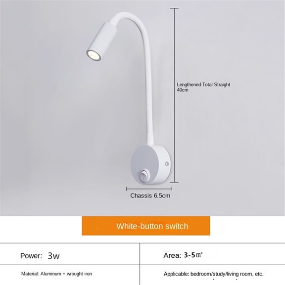 LED Gooseneck Wall Lamp, Adjustable Reading Light with On/Off Switch, Aluminum Body, AC Powered Bedside Wall Sconce for Bedroom Study, 120V Compatible
