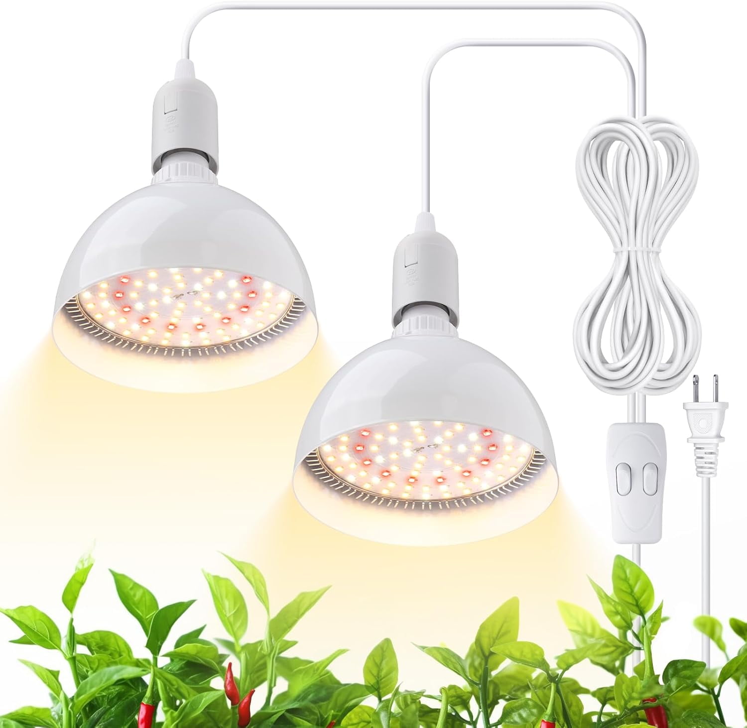 LED Grow Light Bulb, 50W (2 x 25W) Full Spectrum, with 16.4FT Power Cord, Hanging Grow Lights for Indoor Plants, Large Tall Plant, Garden, Flowers, Greenhouse, 2-Head
