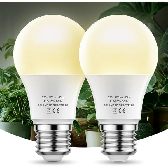 LED Grow Light Bulb A19 - Full Spectrum E26 Base, 11W (100W Equivalent) for Indoor Plants, Flowers, Greenhouse - 2 Pack