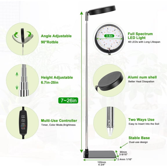 LED Grow Lights for Indoor Plants Full Spectrum, 48 LEDs Plant Light with 2 Mounting Options, 3 Optional Spectrums, 3/9/12Hrs Timer, 10 Brightness Levels, 6.7"-26" Height Adjustable, Black