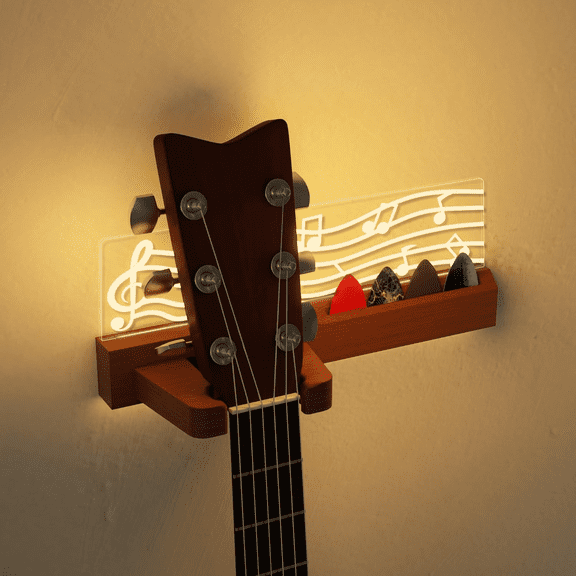 LED Guitar Wall Mount Stand with Picks Holder - Solid Wood & Acrylic USB-Powered Guitar Accessories as Decor - Gift for Men, Guitar Players, Music Lovers (for Acoustic, Electric Bass, Ukulele)