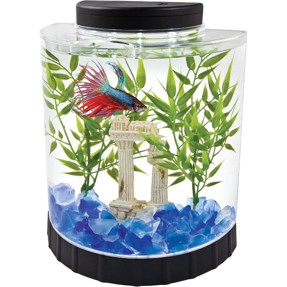 LED Half Moon Aquarium Kit, 1.1 Gallons, Small, Clear Plastic Fish Tank With Curved Front, Easy Feeding And Movable, Energy-Efficient LEDs Ideal For Bettas Great As Desk Aquarium