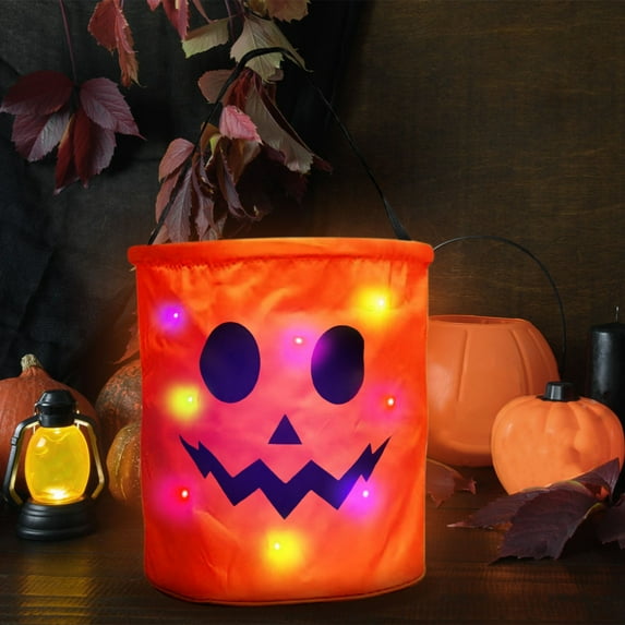 LED Halloween Candy Bucket with Light Up Handle, Glow Pumpkin Treat Bag for Kids Trick or Treating, Reusable Party Favor Container (Color Variations-A)
